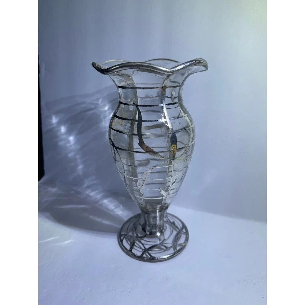 Art Nouveau Vase Sterling Silver Overlayed Glass Fluted Lip Footed Circa 1930’s
